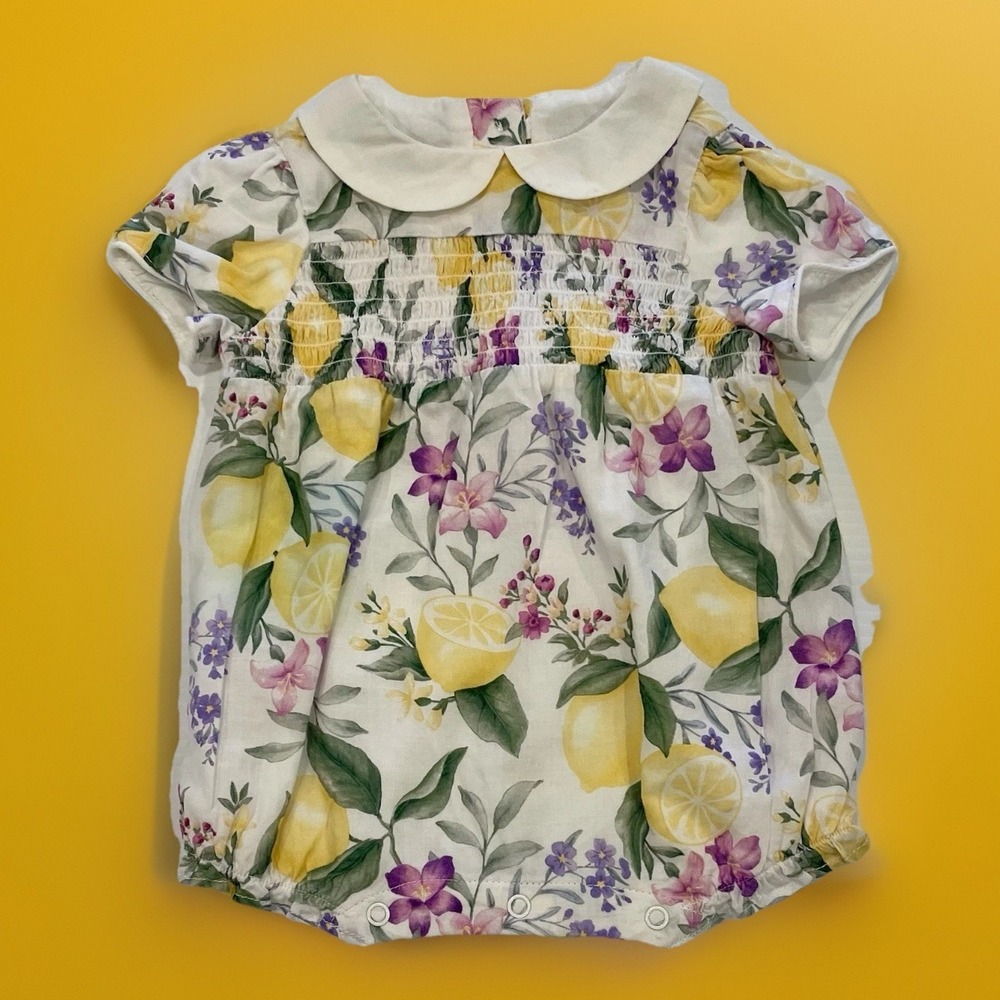 Janie and Jack Smocked Romper Bubble Lemons Peter Pan Collar Newborn Size 0/3 M